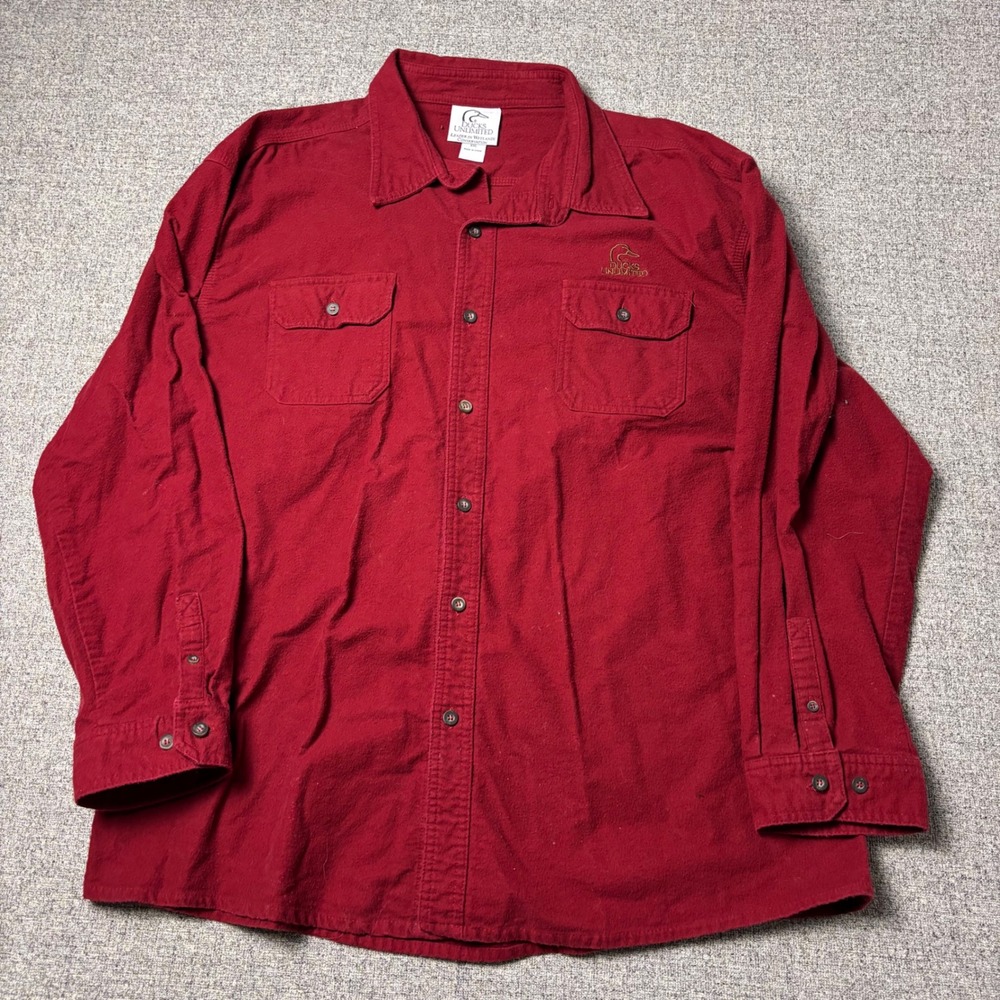 Ducks Unlimited Flannel Shirt Mens XXL Red Long Sleeve Button Down Outdoor Logo